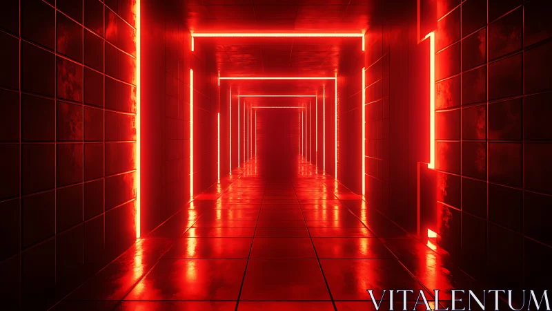 Red neon corridor with reflective tiled walls and floor.