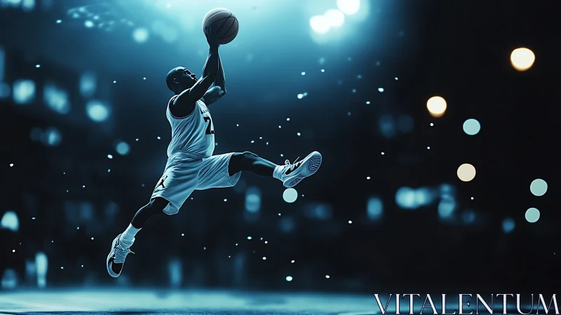 Basketball guard soars midair under neon arena lights.