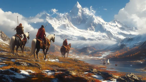 Mounted travelers cross alpine ridge toward glacial fjord