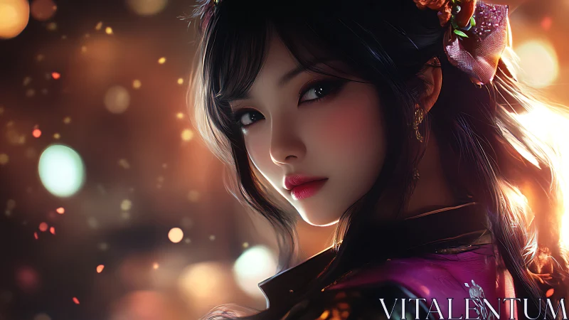 Cinematic portrait of elegant woman in glowing bokeh light.