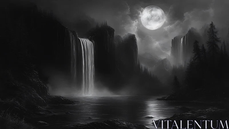 Moonlit waterfalls pour into a quiet misty valley tonight