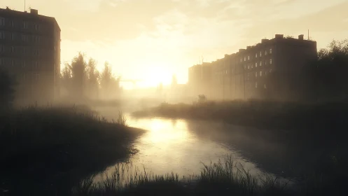 Soft sunrise settles gently over misty riverside housing