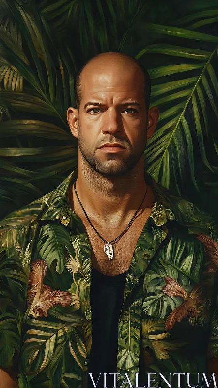 Photorealistic tropical portrait with botanical depth and contrast.