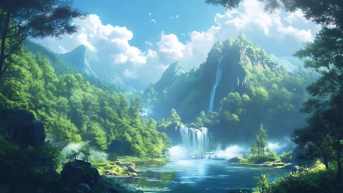 Emerald cascades under cloud-bright peaks dreaming softly.