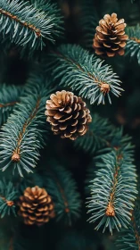 Quiet pine branches cradle warm brown cones in gentle focus