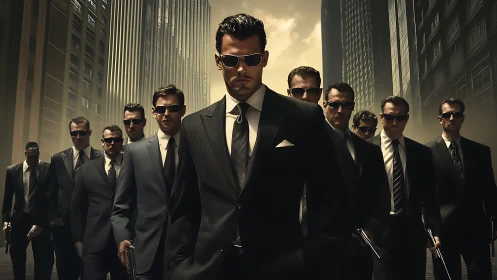 Sharp-suited enforcers advancing through moody city canyon.