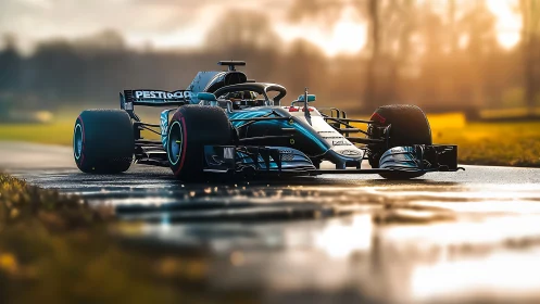 Hybrid Formula race car rendered in cinematic golden hour light