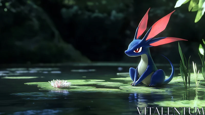 Bioluminescent blue creature on sunlit lily pad in forest pond