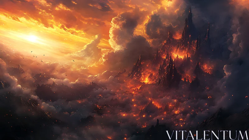 Apocalyptic Fortress Under Fiery Sky.