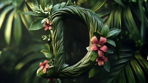 Letter D formed from braided green leaves and pink flowers