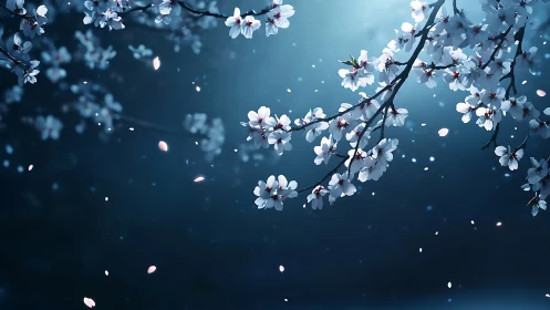 Bokeh-laden cherry blossom composition with atmospheric depth and particle diffusion