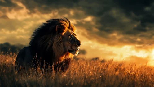 Majestic lion resting in golden savanna sunset light.