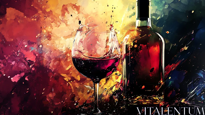 Red Wine and Bottle Against Explosive Abstract Background.