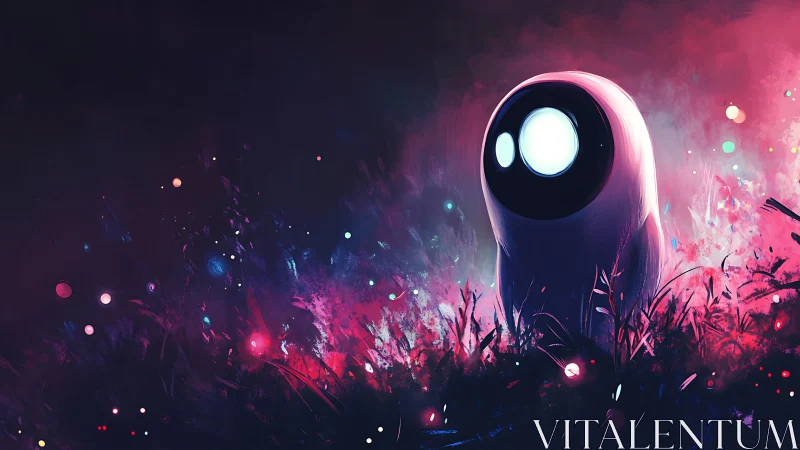 Glowing robot spirit gazes over neon cosmic meadow at dusk.