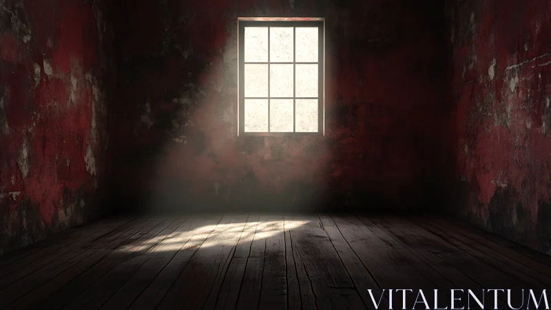 Raking window light cuts across distressed red interior walls