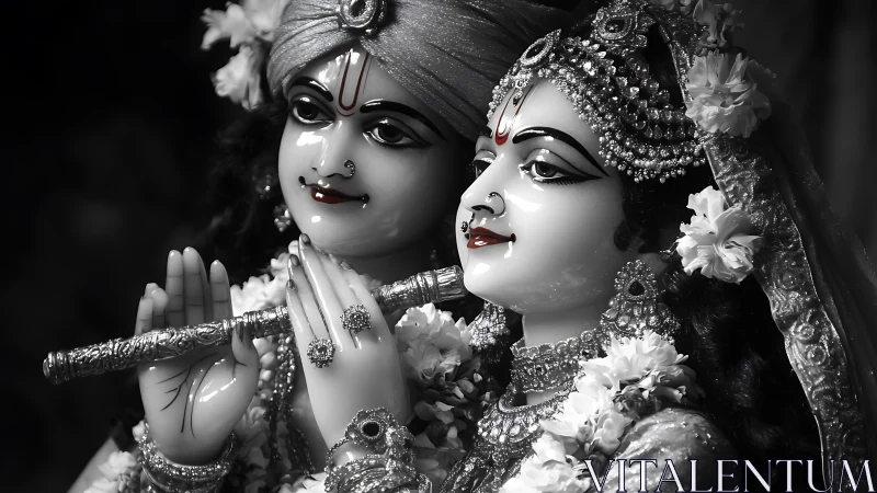 Monochrome close-up of ornate devotional statues in garlands.
