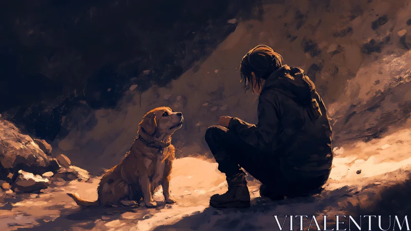 Solitary hiker and loyal dog converse in warm rim lighting