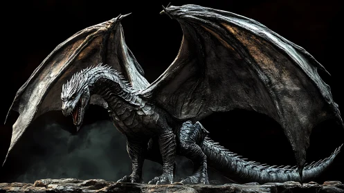 Armored obsidian dragon spreads colossal wings, roaring.