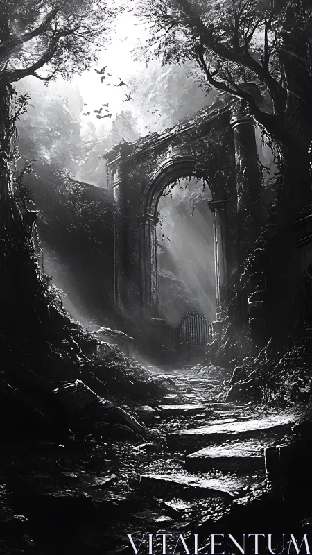 Monochrome ruin corridor directs light to overgrown stone arch