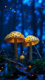 Bioluminescent mushrooms glow against deep blue forest bokeh
