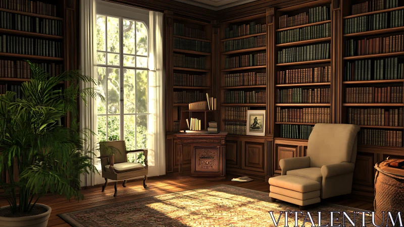 Wood paneled home library shows bookshelves, chairs and window