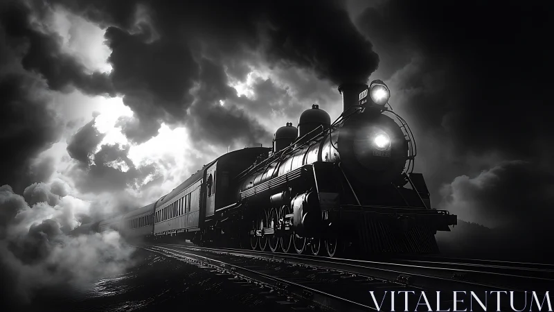 Steam locomotive advances through dense night fog on tracks