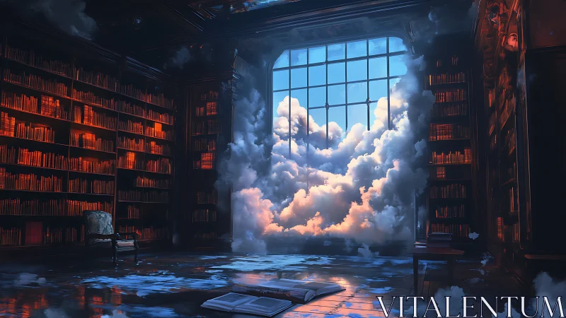 Story-filled clouds drift gently into a glowing library retreat