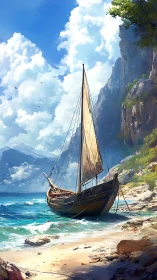Beached daydream boat beneath roaming cathedral clouds.
