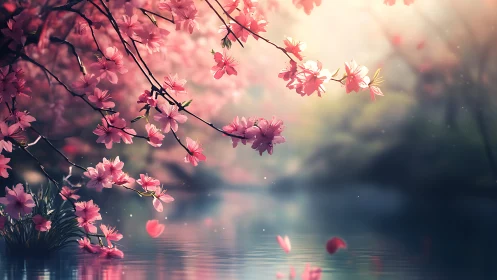 Backlit Cherry Blossoms Over Reflective Water Surface.