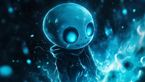 Glowing blue skull character stands within swirling energy field