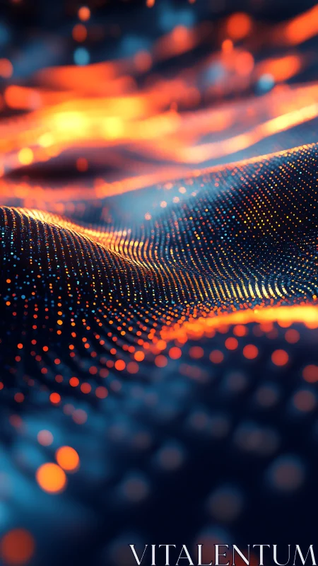 Structured digital wavefield of glowing orange and blue points.