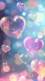 Luminous Glass Hearts Floating in Prismatic Bokeh Environment.