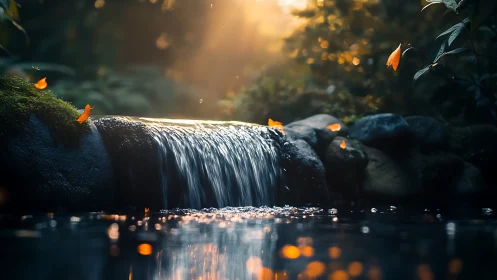 Whispering woodland cascade under firefly dusk enchantment.