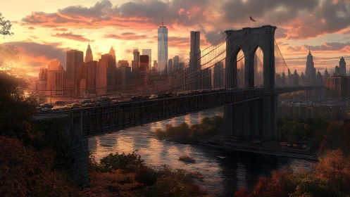 Brooklyn Bridge at sunset unifies dense skyline and river light