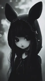 Gothic anime girl in dark hooded cloak with cat ears.