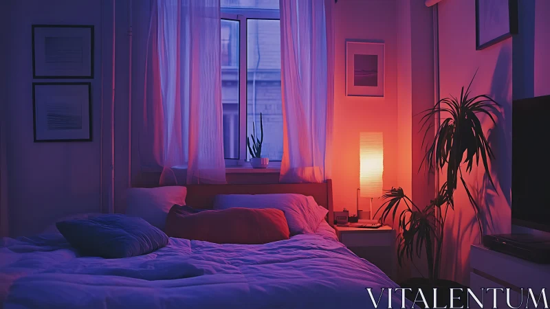 Moody bedroom interior under neon blue and red lighting.