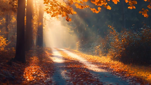 Autumn forest pathway illuminated by golden hour directional sunlight through foliage