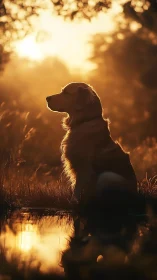 Golden retriever haloed by molten sunset at quiet pond.