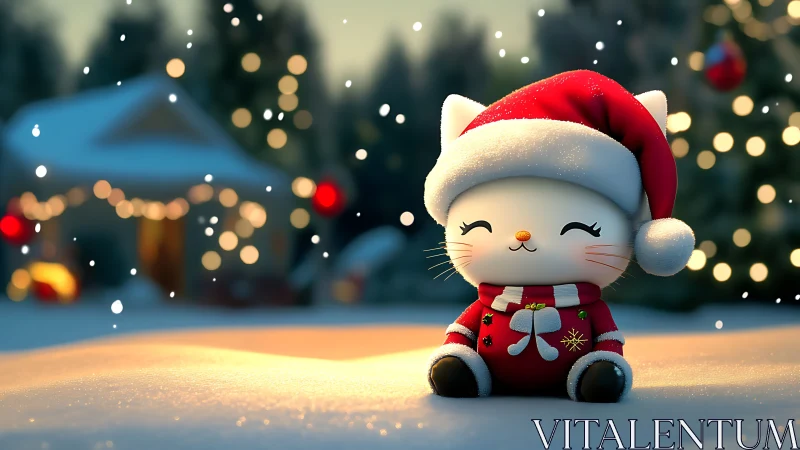 Kawaii Christmas cat figurine sits in glowing snowy bokeh scene