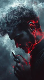 Man wreathed in smoke grips embered device in silence.