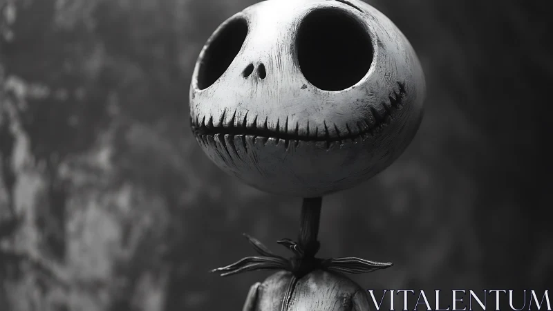 Grinning skeletal doll stares into soft grayscale gloom.