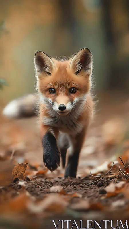 Juvenile red fox in shallow-depth autumn forest tracking stride