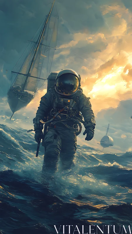 Bold astronaut strides through stormy ocean under glowing sky