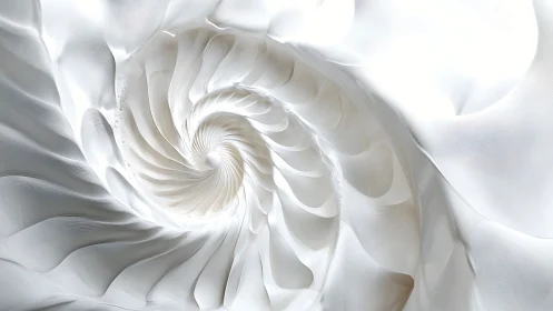 Minimalist nautilus spiral abstraction in luminous white relief.
