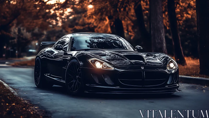 Low-angle view of black supercar on autumn forest road at dusk