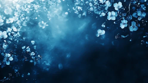 Blue flowers suspended against dark gradient background