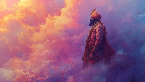 Regal turbaned warrior in iridescent magenta and cyan clouds