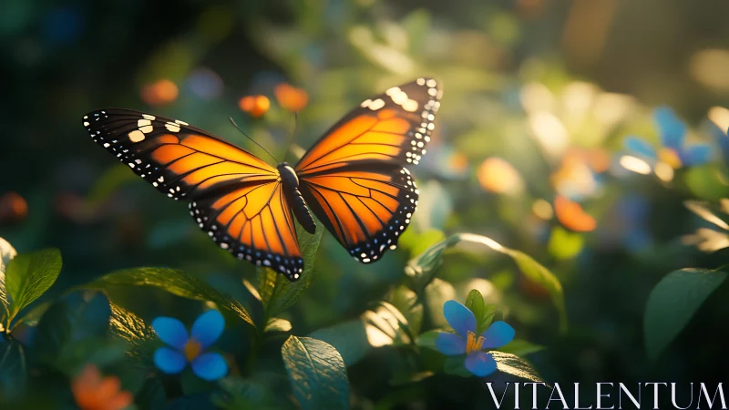 Sunlit monarch butterfly drifts gently above a blooming garden