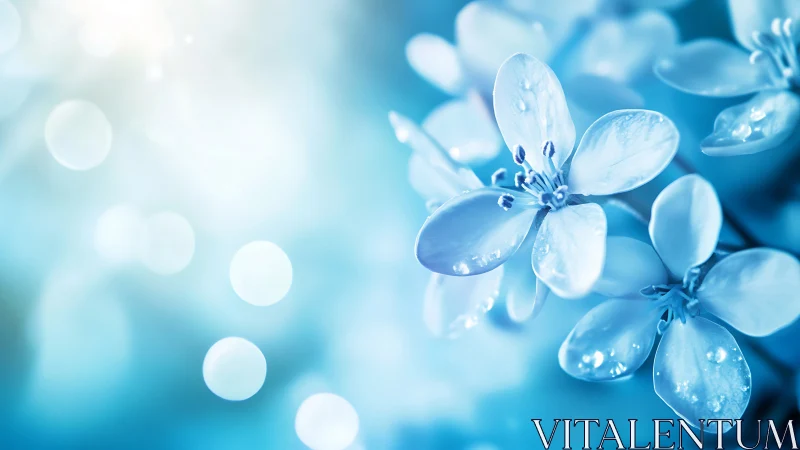 Blue petaled flowers with water droplets in soft focus setting.