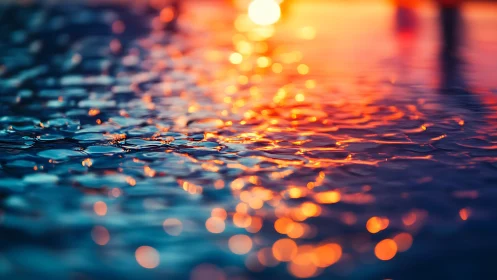 Sunset light reflections on rippled water surface.